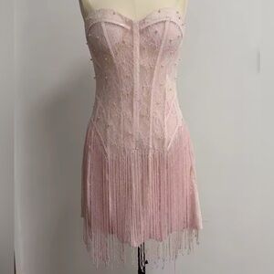 Bachelorette/Prom/Homecoming Light Pink Pearl Boned Beaded Tassel Mini Dress